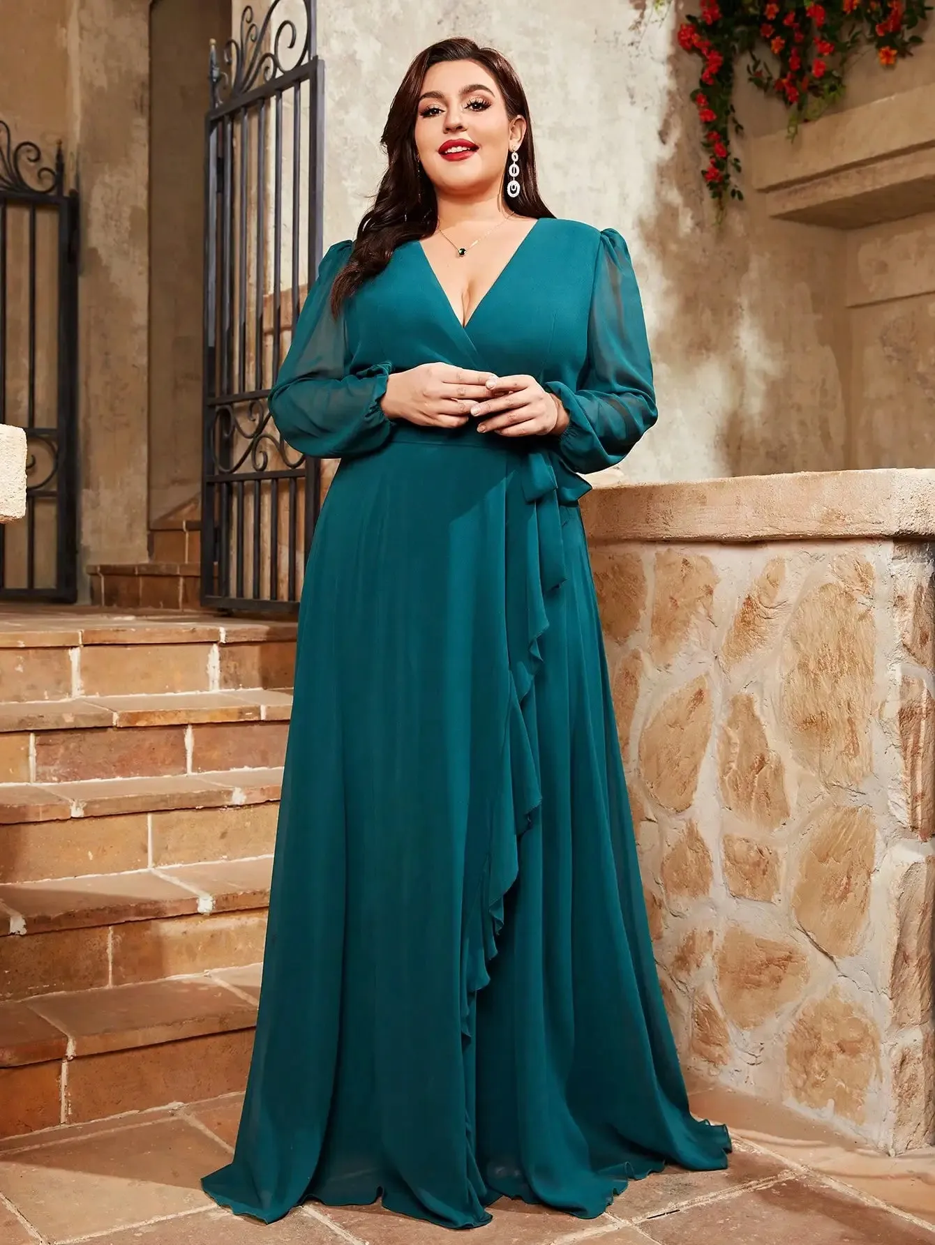 Green Plus Size Chiffon Crossover Style Party Dress