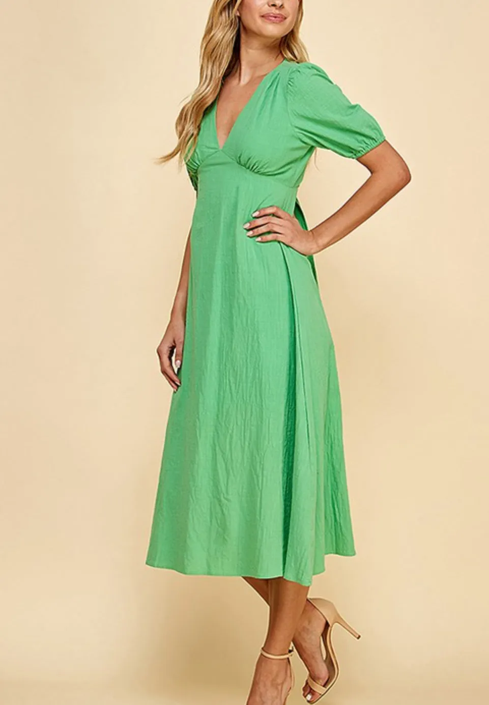 Green v-neck open back midi dress