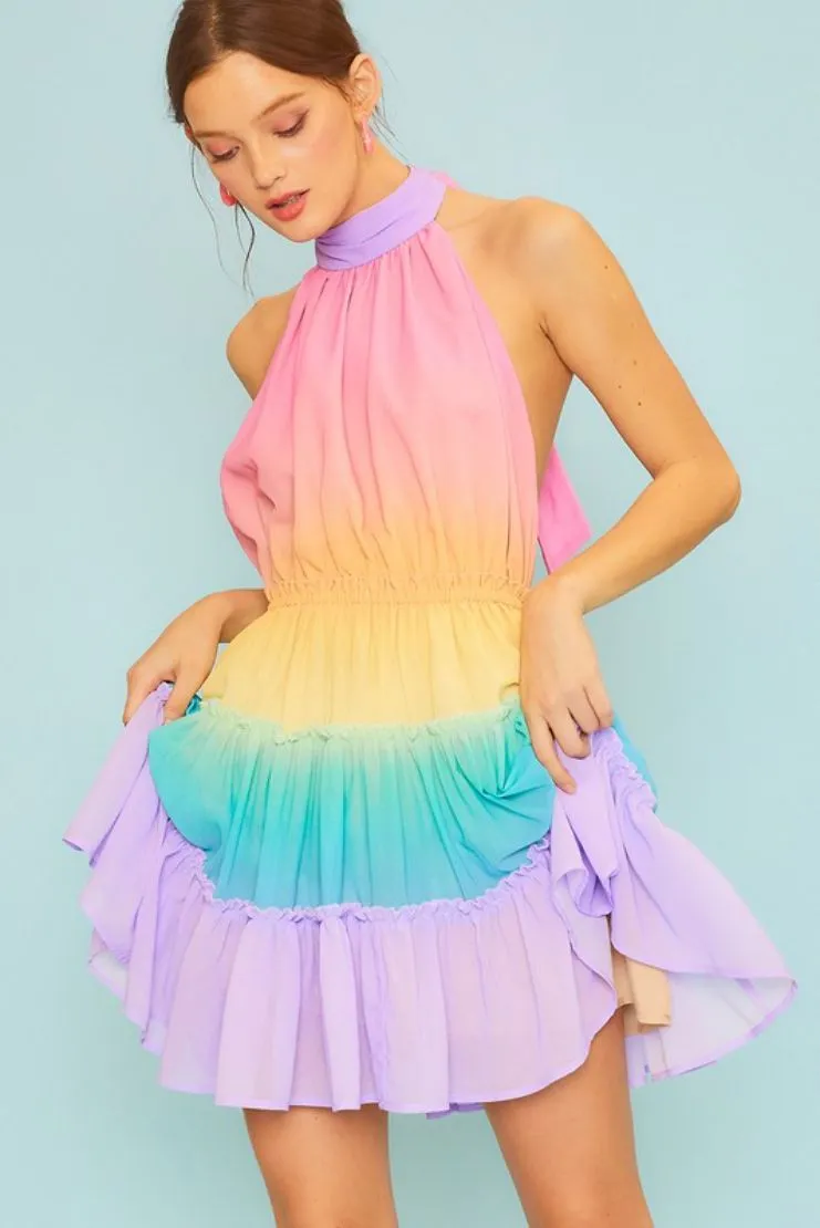 Hailey Rainbow Ombre Tiered Halter Mini Dress