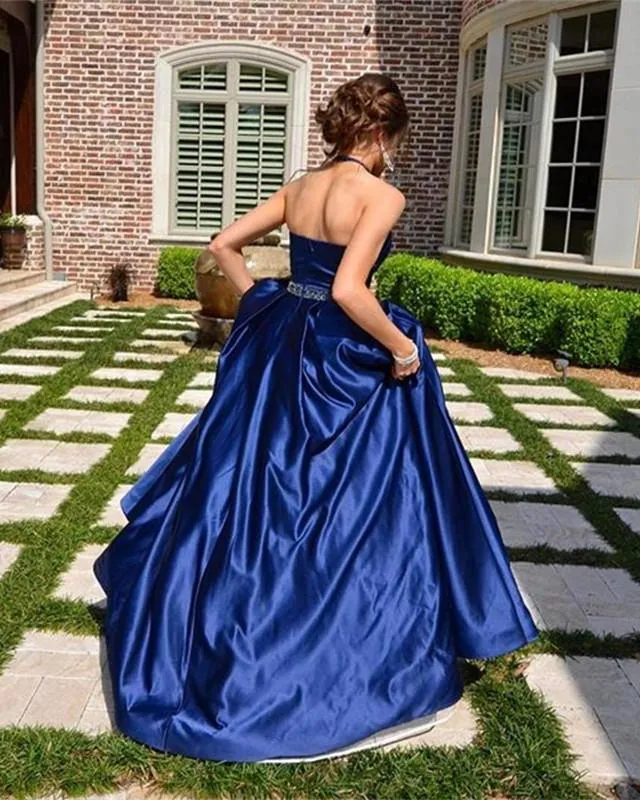 halter long satin red ball gowns prom dresses open back