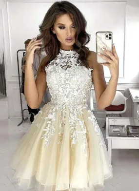 Halter Neck Lace/Tulle Homecoming Dresses,Short Prom Dresses,Dance Dress BP411