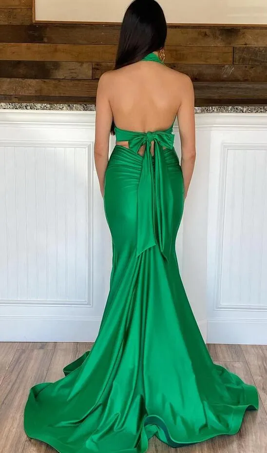 Halter Neck Two Pieces Mermaid Long Prom Dress with Slit