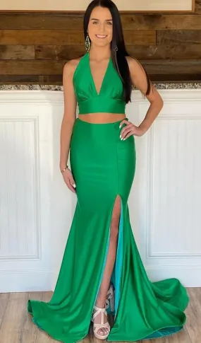 Halter Neck Two Pieces Mermaid Long Prom Dress with Slit