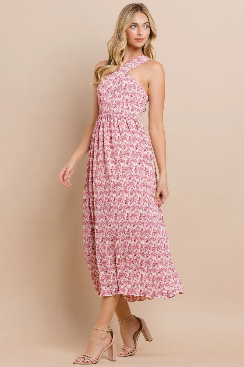 Halter Neckline Printed Pleated Midi Dress