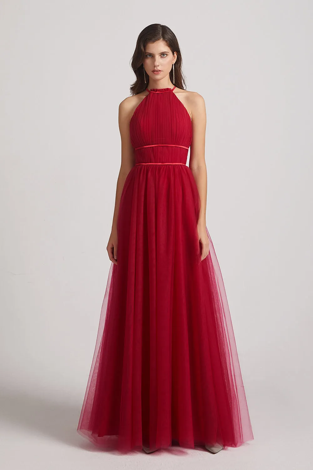 Halter Pleated Criss-Cross Tulle Bridesmaid Dresses (AF0035)