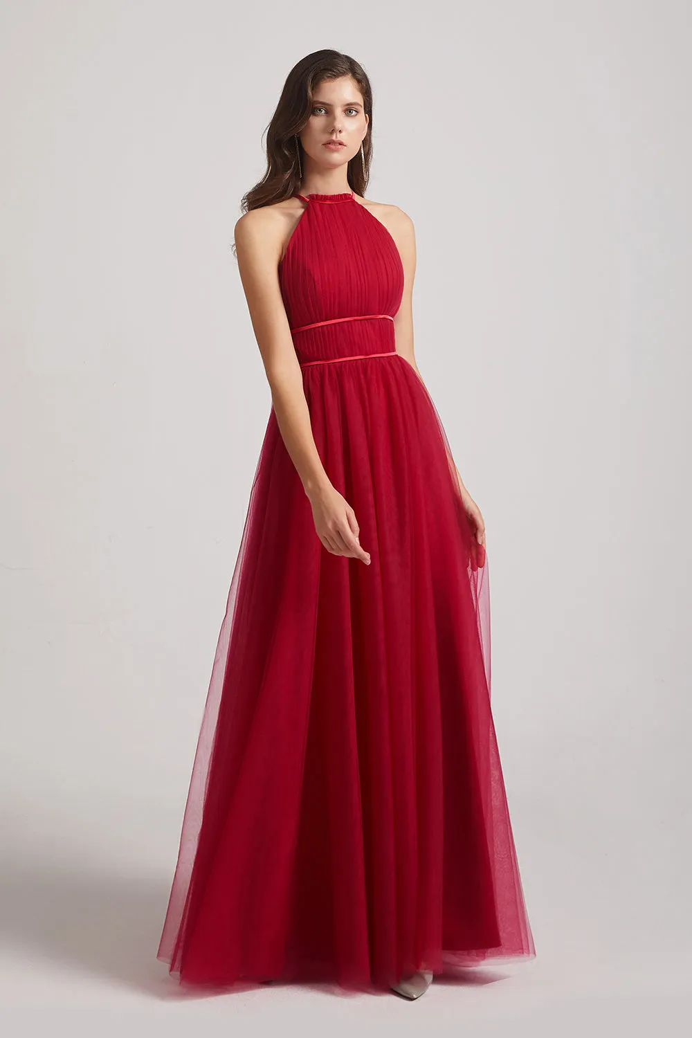 Halter Pleated Criss-Cross Tulle Bridesmaid Dresses (AF0035)