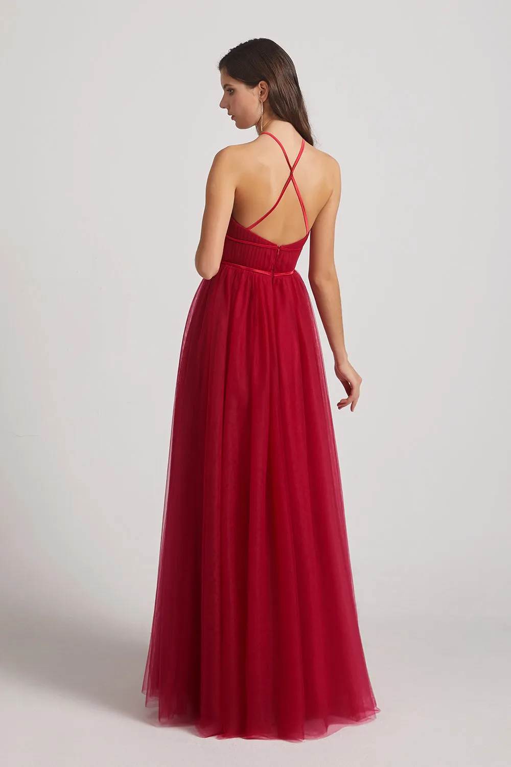 Halter Pleated Criss-Cross Tulle Bridesmaid Dresses (AF0035)