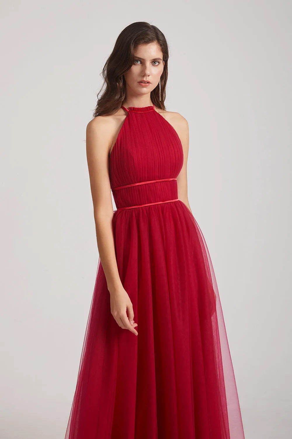 Halter Pleated Criss-Cross Tulle Bridesmaid Dresses (AF0035)