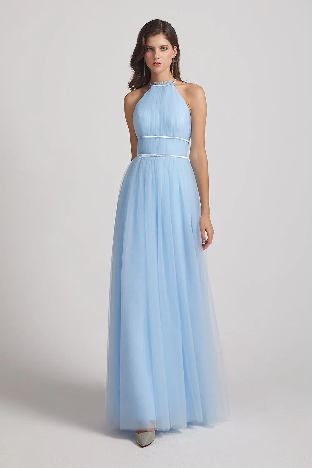 Halter Ruched Crisscross Tulle Blue Bridesmaid Dresses (AF0034)