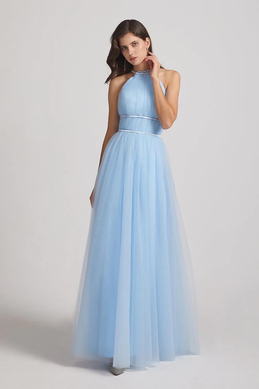 Halter Ruched Crisscross Tulle Blue Bridesmaid Dresses (AF0034)