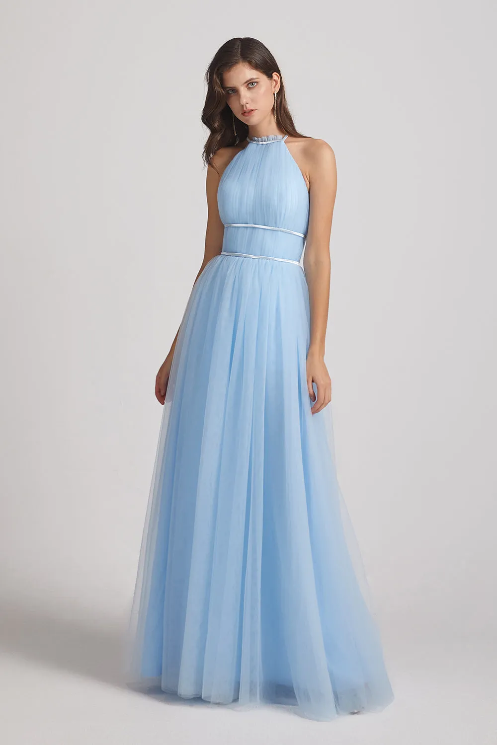 Halter Ruched Crisscross Tulle Blue Bridesmaid Dresses (AF0034)