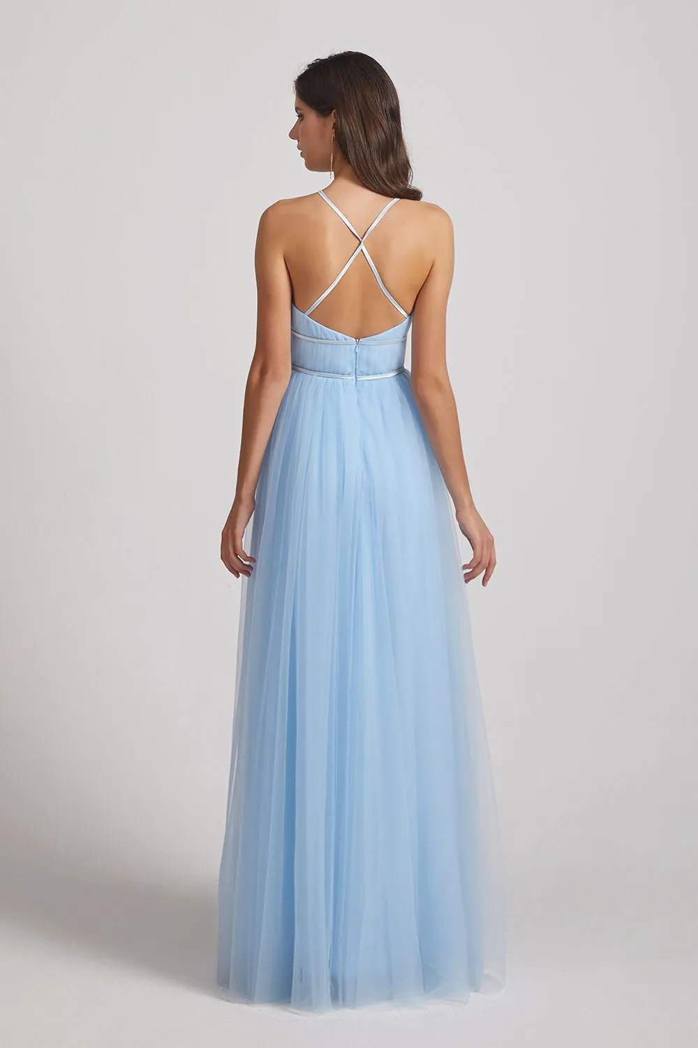 Halter Ruched Crisscross Tulle Blue Bridesmaid Dresses (AF0034)