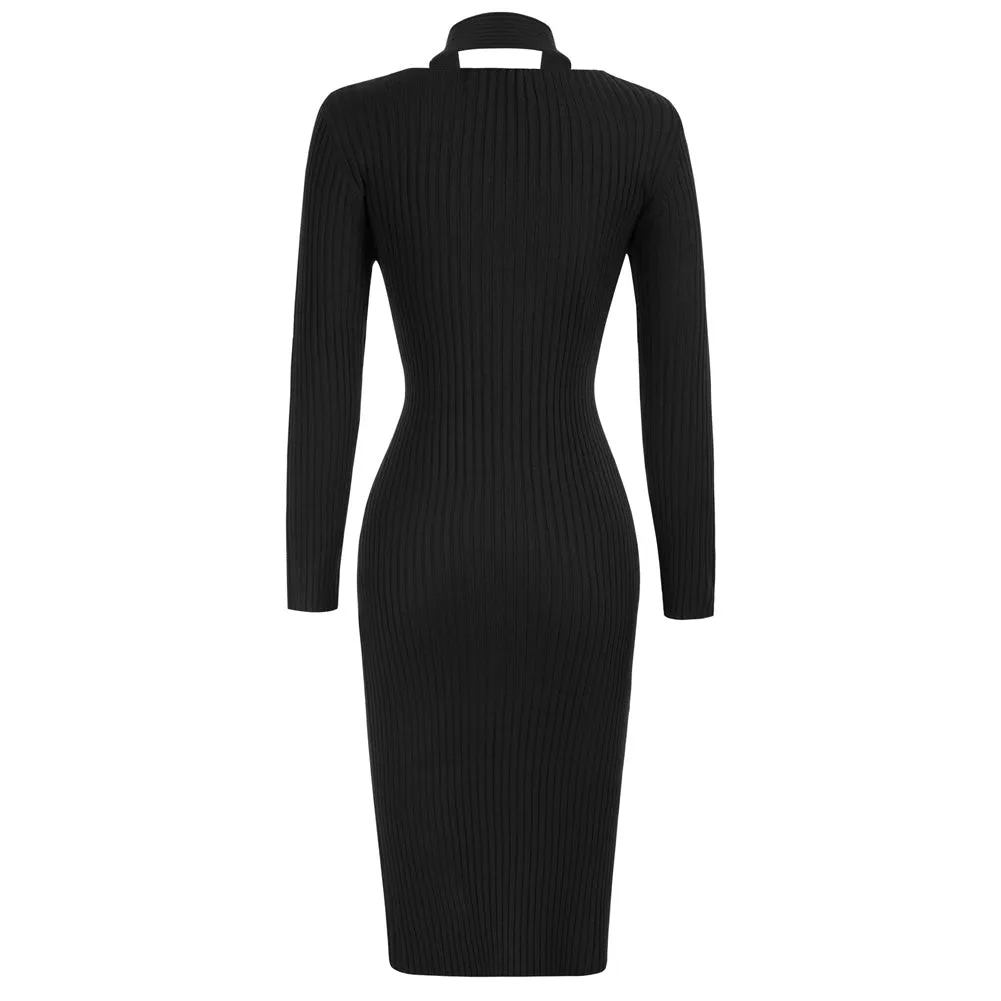 Halterneck Sweater Dress Long Sleeve Front Slit Knitted Bodycon Dress