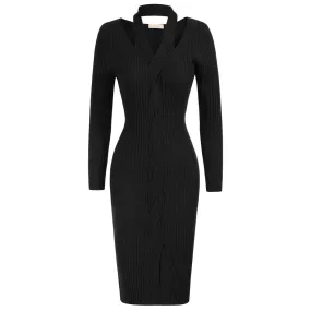 Halterneck Sweater Dress Long Sleeve Front Slit Knitted Bodycon Dress