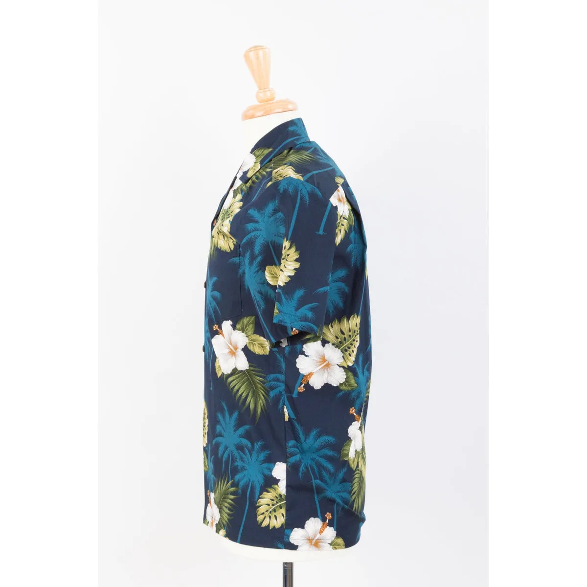 Hibiscus and Palm Tree Cotton Aloha Shirt | Blue