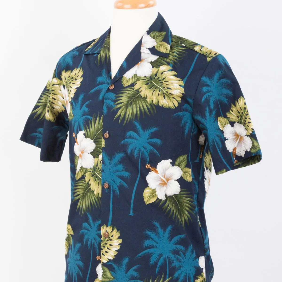 Hibiscus and Palm Tree Cotton Aloha Shirt | Blue