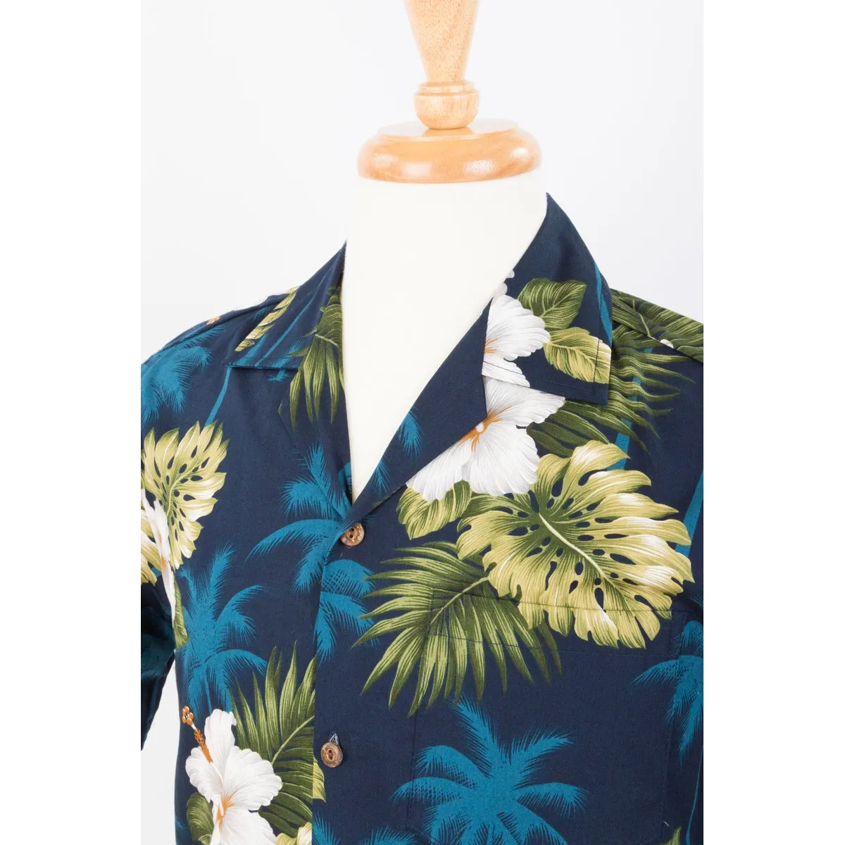 Hibiscus and Palm Tree Cotton Aloha Shirt | Blue