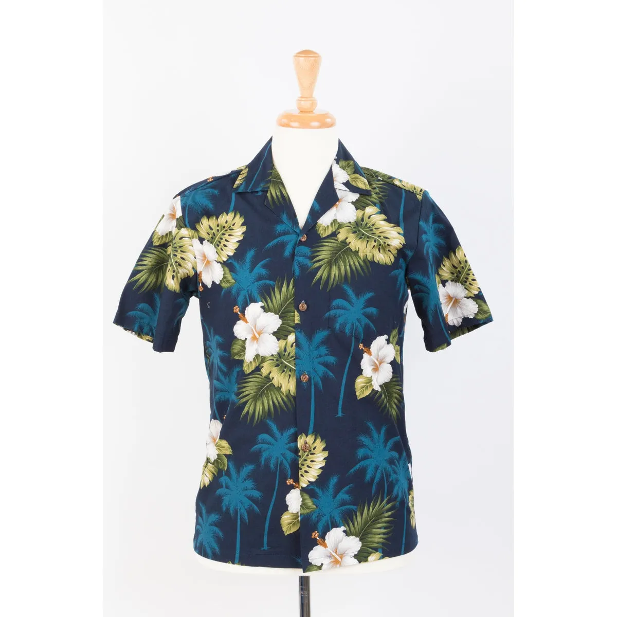 Hibiscus and Palm Tree Cotton Aloha Shirt | Blue