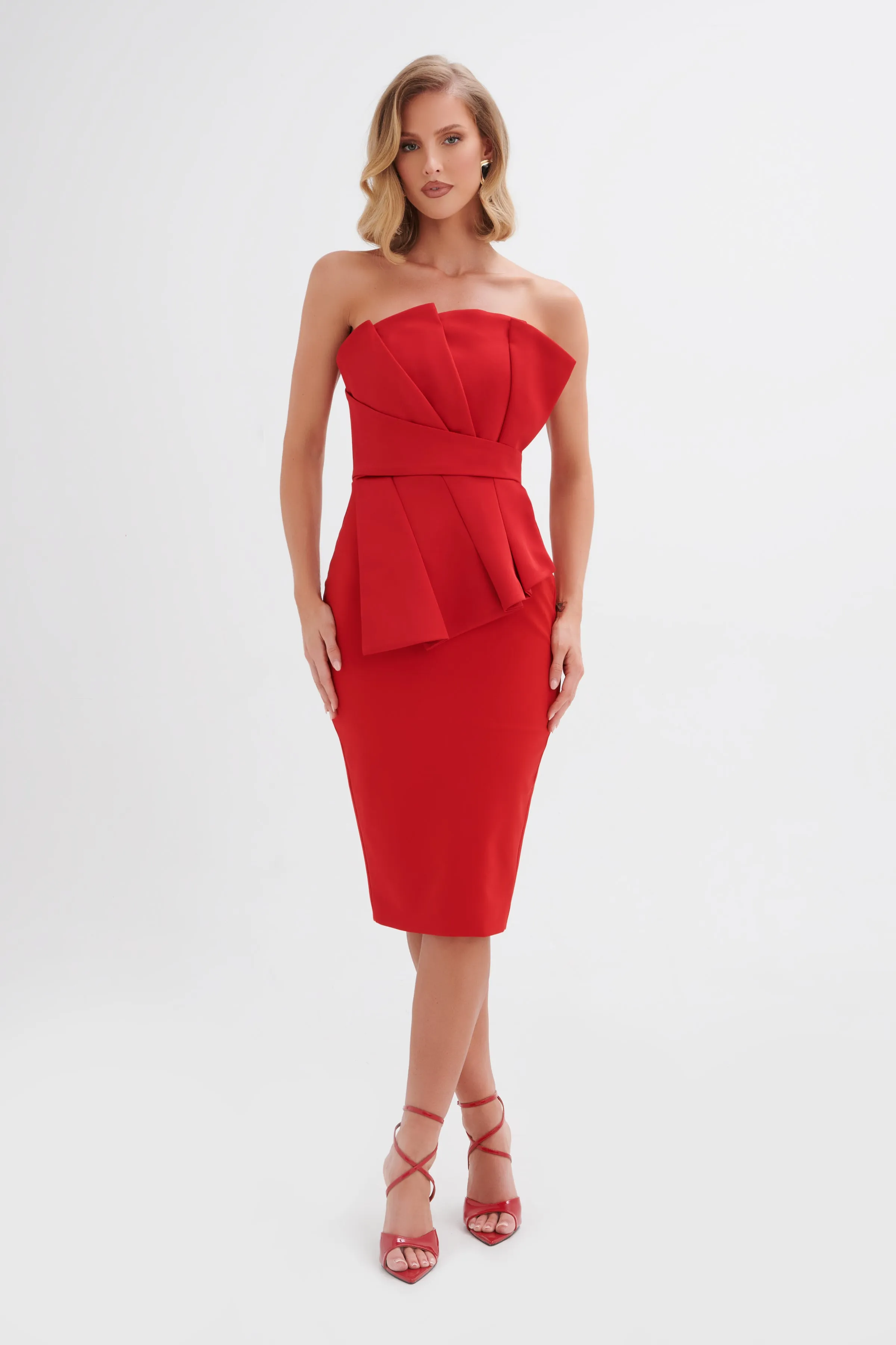 IMOGENE Asymmetric Pleated Frill Detail Midi Dress in Red