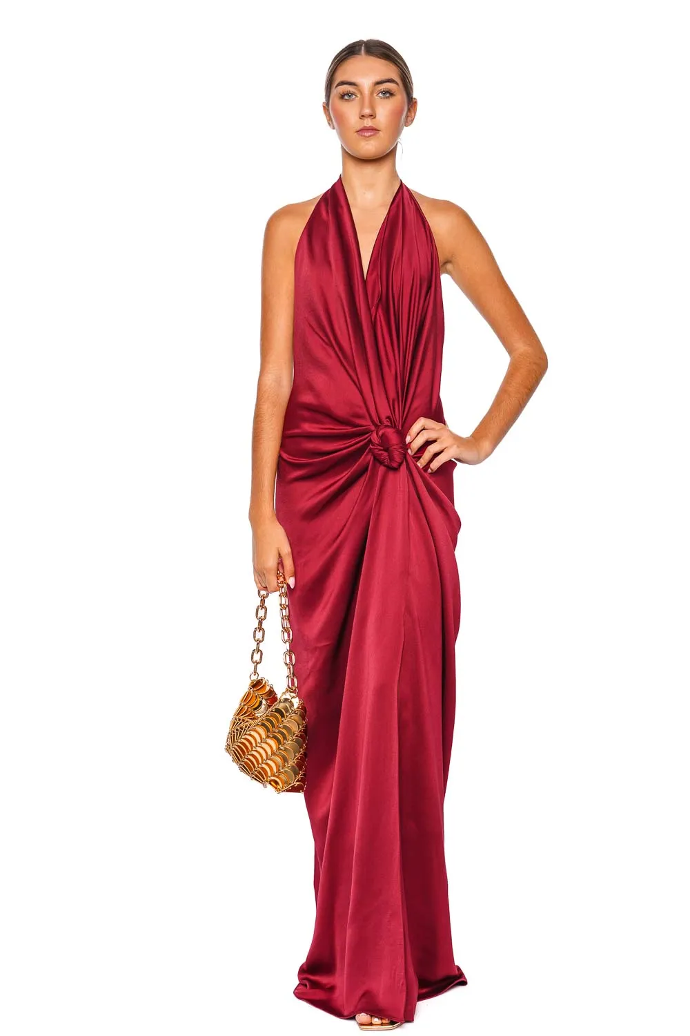 Jasmine Gathered Satin Halter Maxi Dress