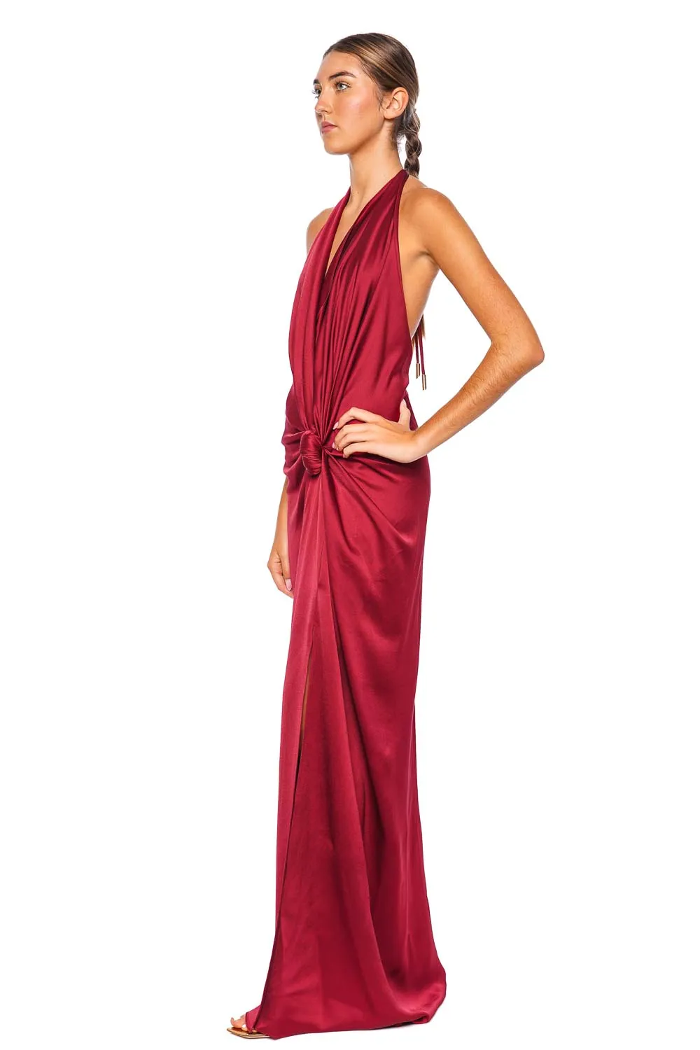 Jasmine Gathered Satin Halter Maxi Dress