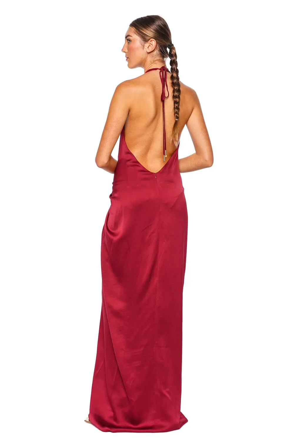 Jasmine Gathered Satin Halter Maxi Dress