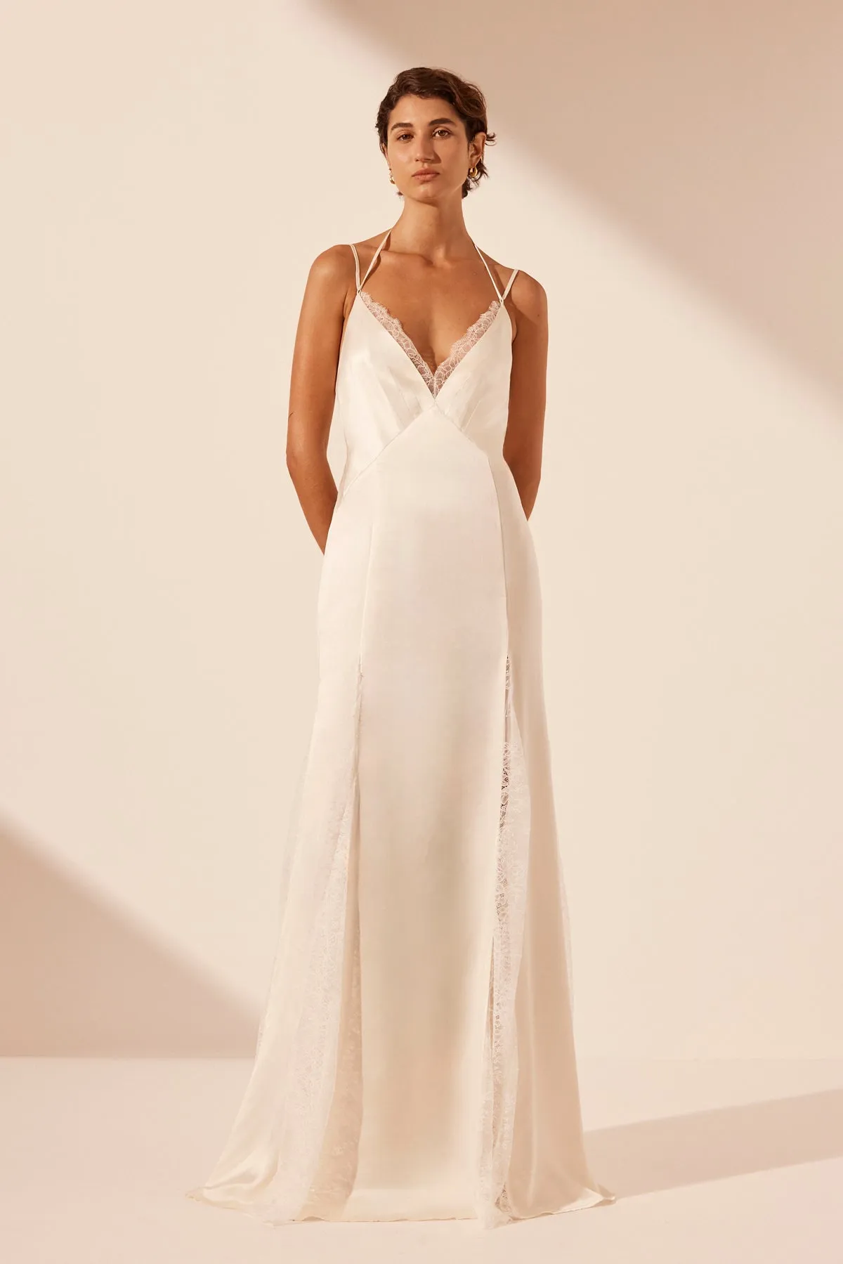 LA LUNE CUMULUS SILK LACE PLUNGED MAXI DRESS - IVORY