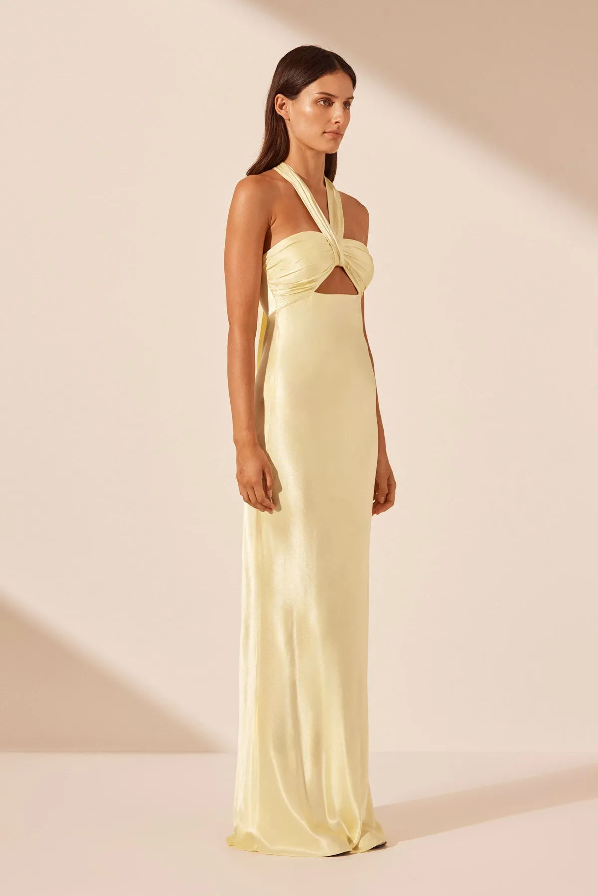 LA LUNE RUCHED HALTER MAXI DRESS - LEMON