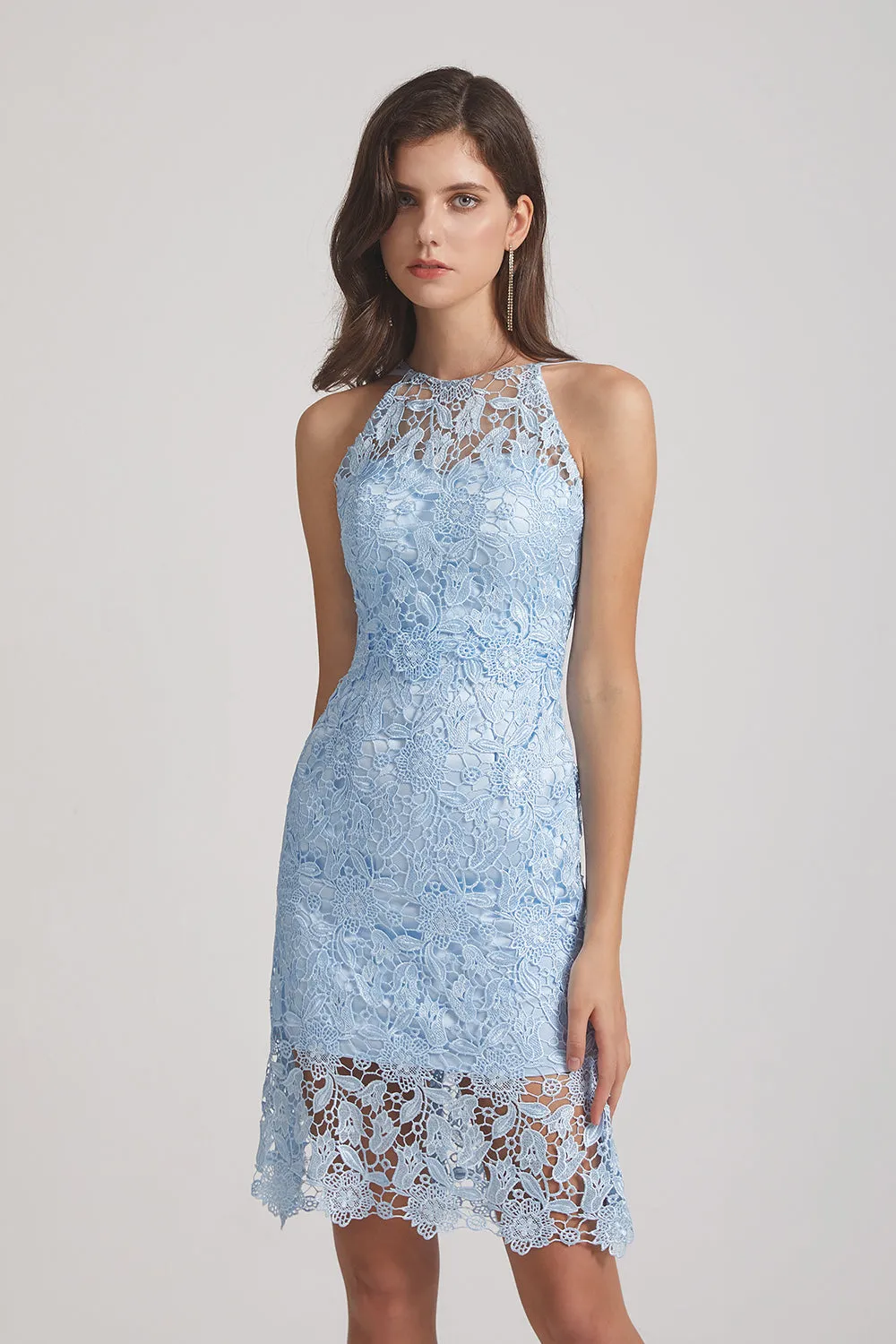 Lace Halter Spaghetti Straps Blue Short Bridesmaid Dresses (AF0047)