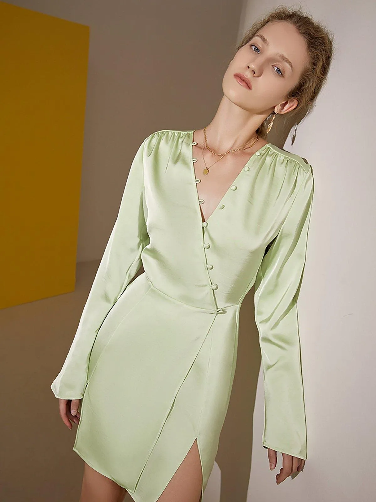 Light Green Long Sleeve Satin Cocktail Dress