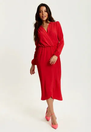 Liquorish Fake Wrap Midi Dress In Red