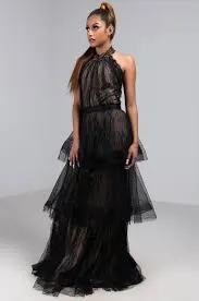 Long Lace/Tulle Tiered Dress Size S Style 4933