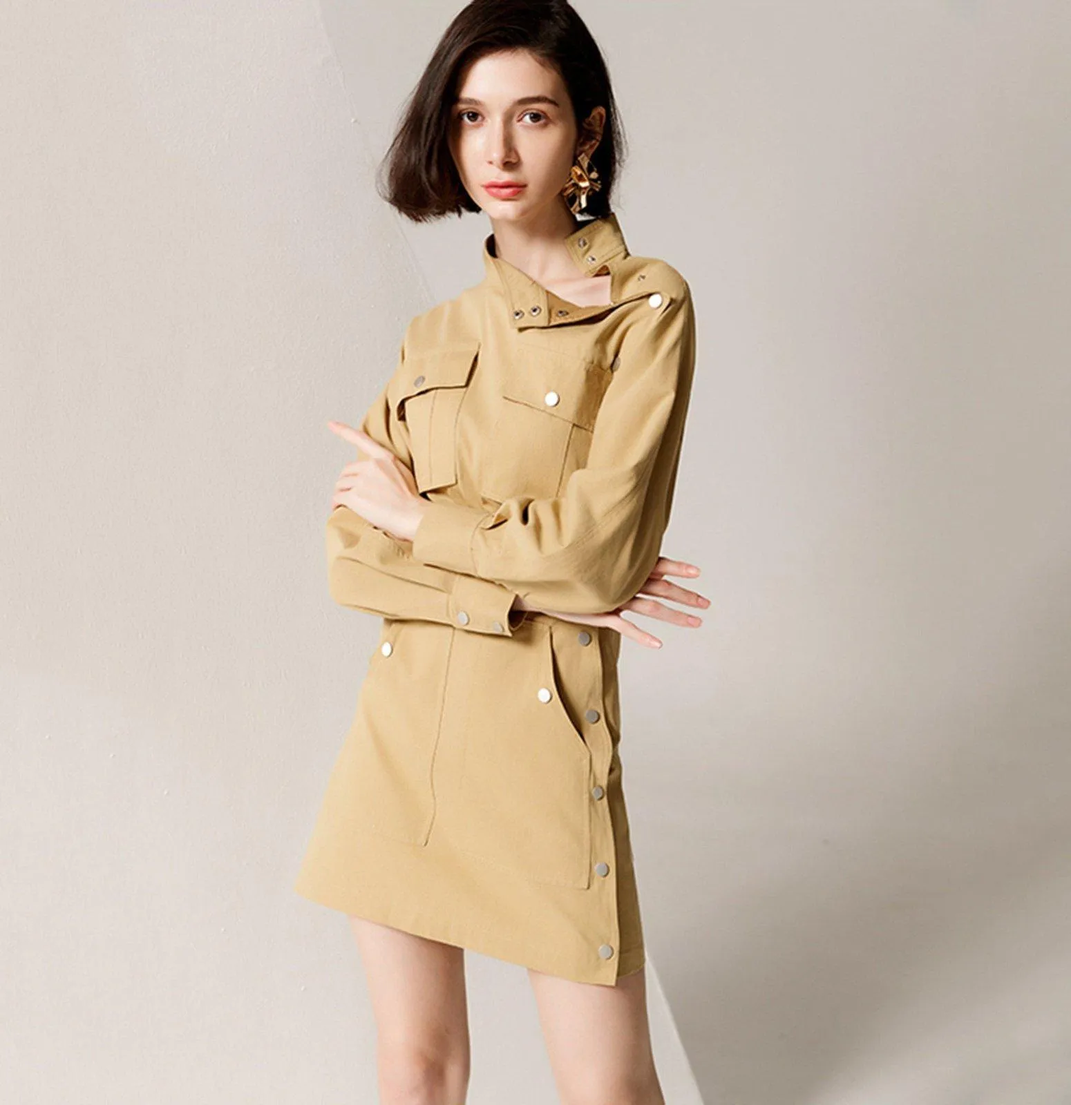 Long Sleeve Flap Pocket Fitted Mini Dress