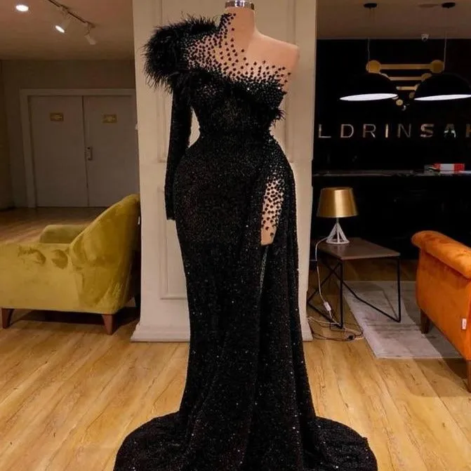 Luxury Feather Beads Chic Prom Dress