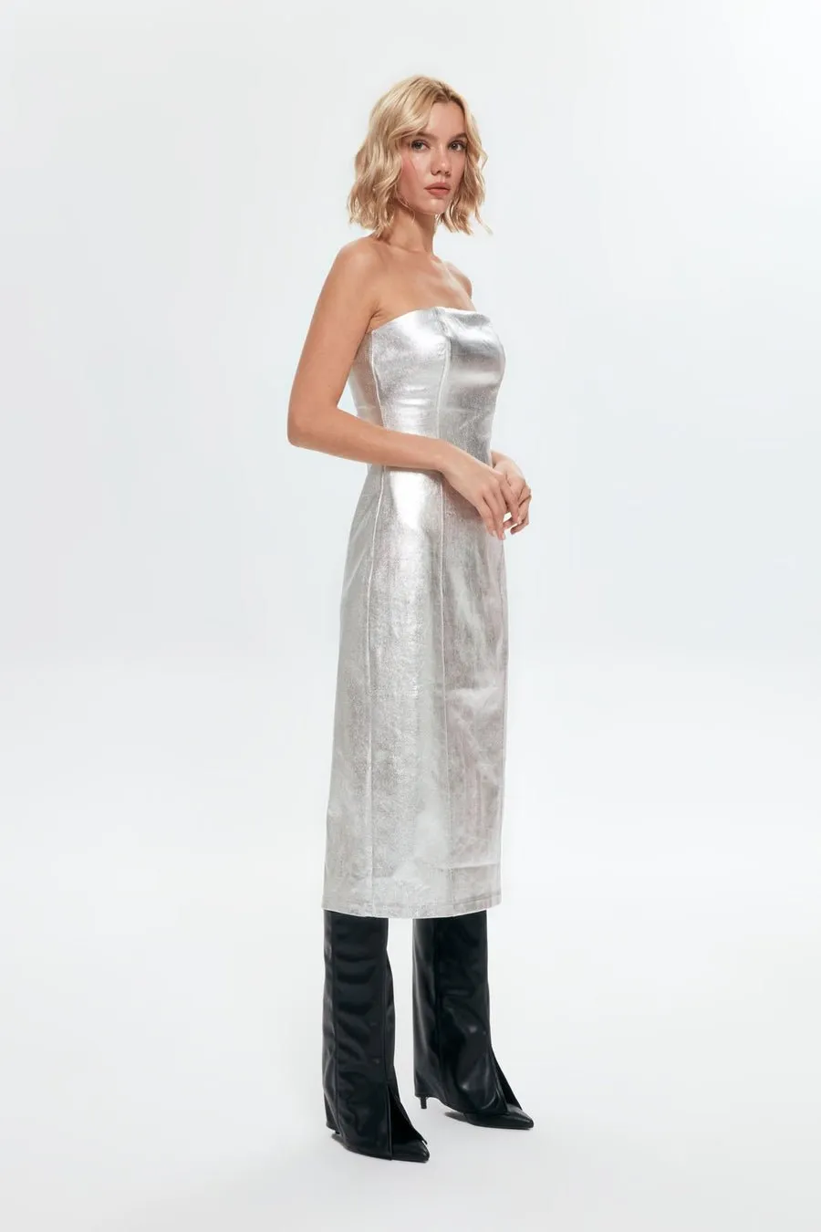 Metallic Strapless Midi Bodycon Denim Dress - Silver