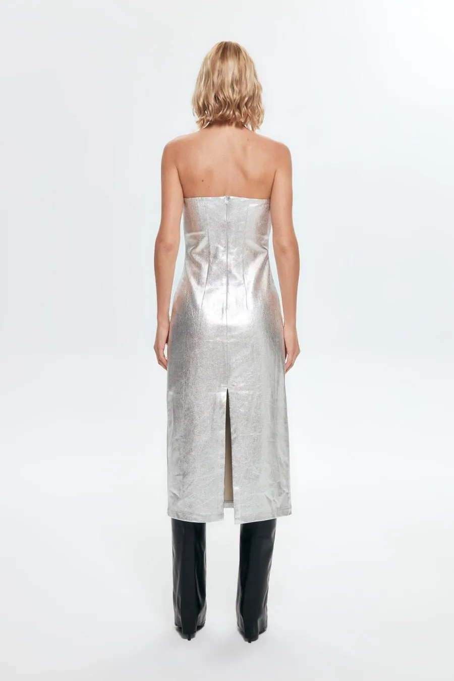 Metallic Strapless Midi Bodycon Denim Dress - Silver