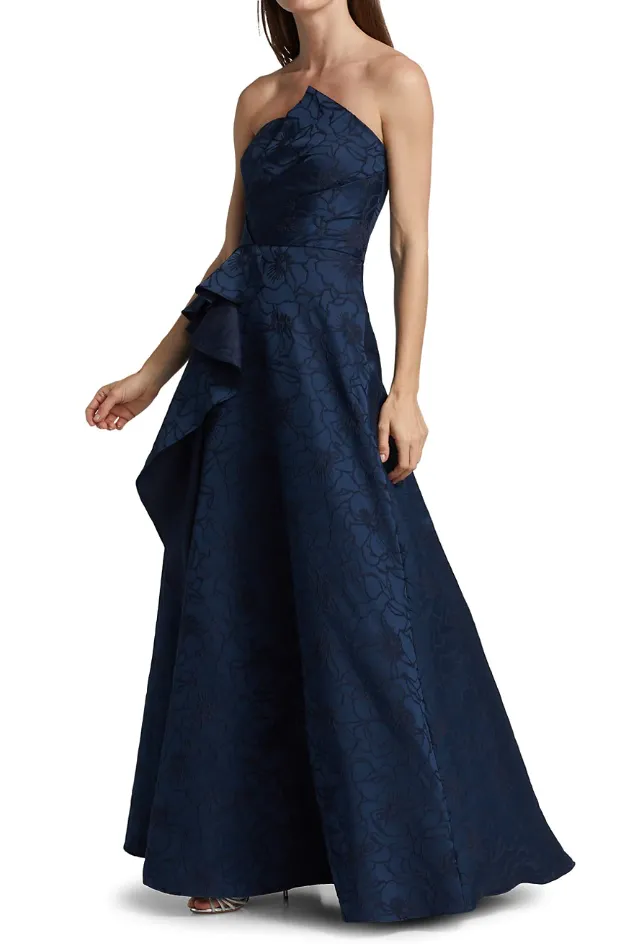 ML Monique Lhullier deep sea jacquard strapless gown