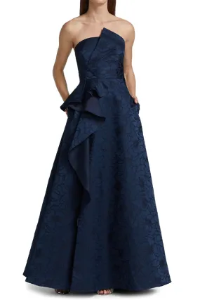 ML Monique Lhullier deep sea jacquard strapless gown