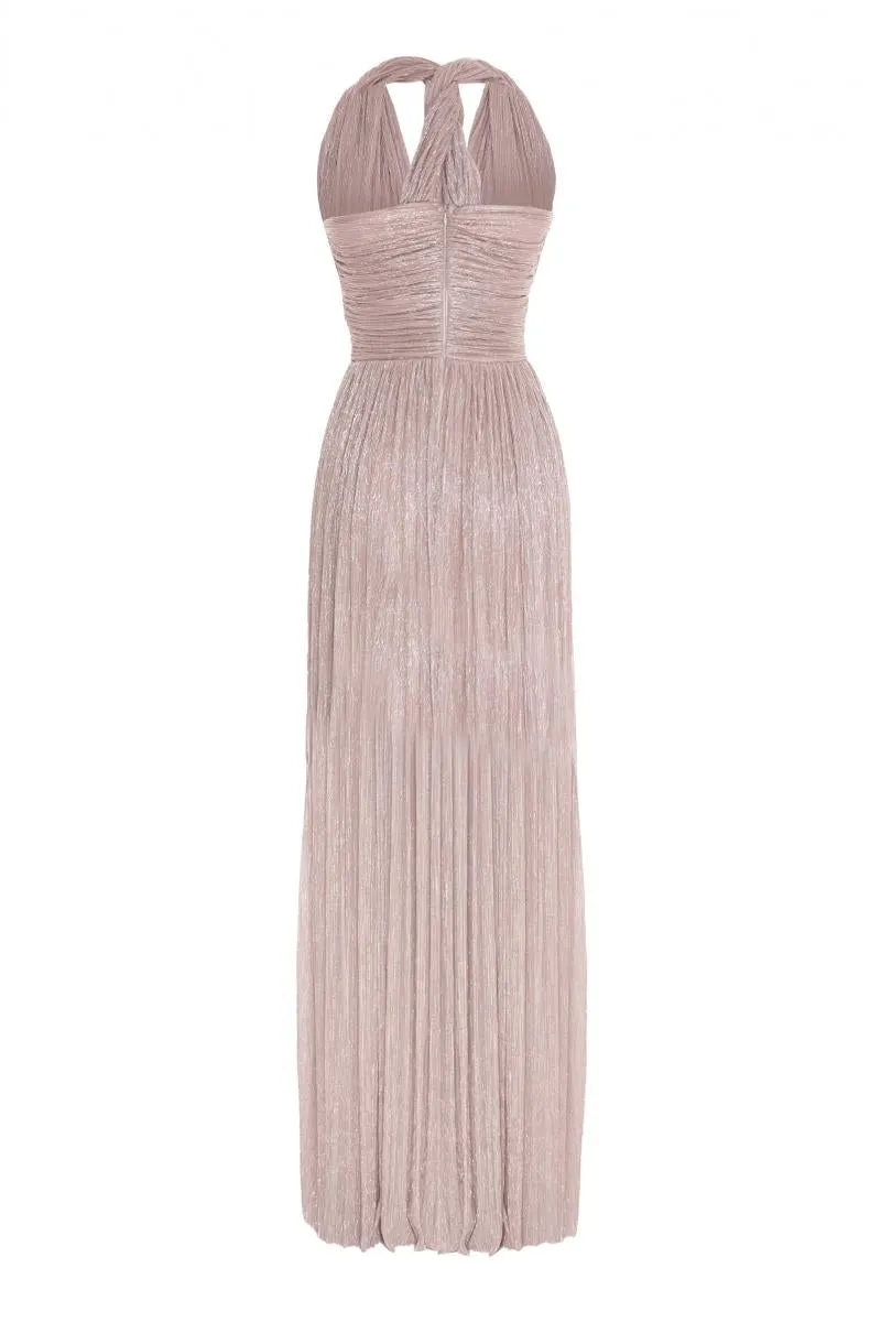 Moonlight Metallic Rope Halter Sleeve Long Dress - Powder