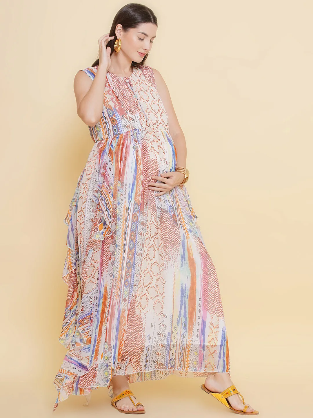 Multicolor Printed Maxi Baby Shower Dress