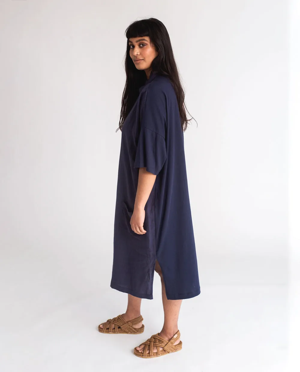 Natasha-May Organic Cotton & Linen Dress In Navy