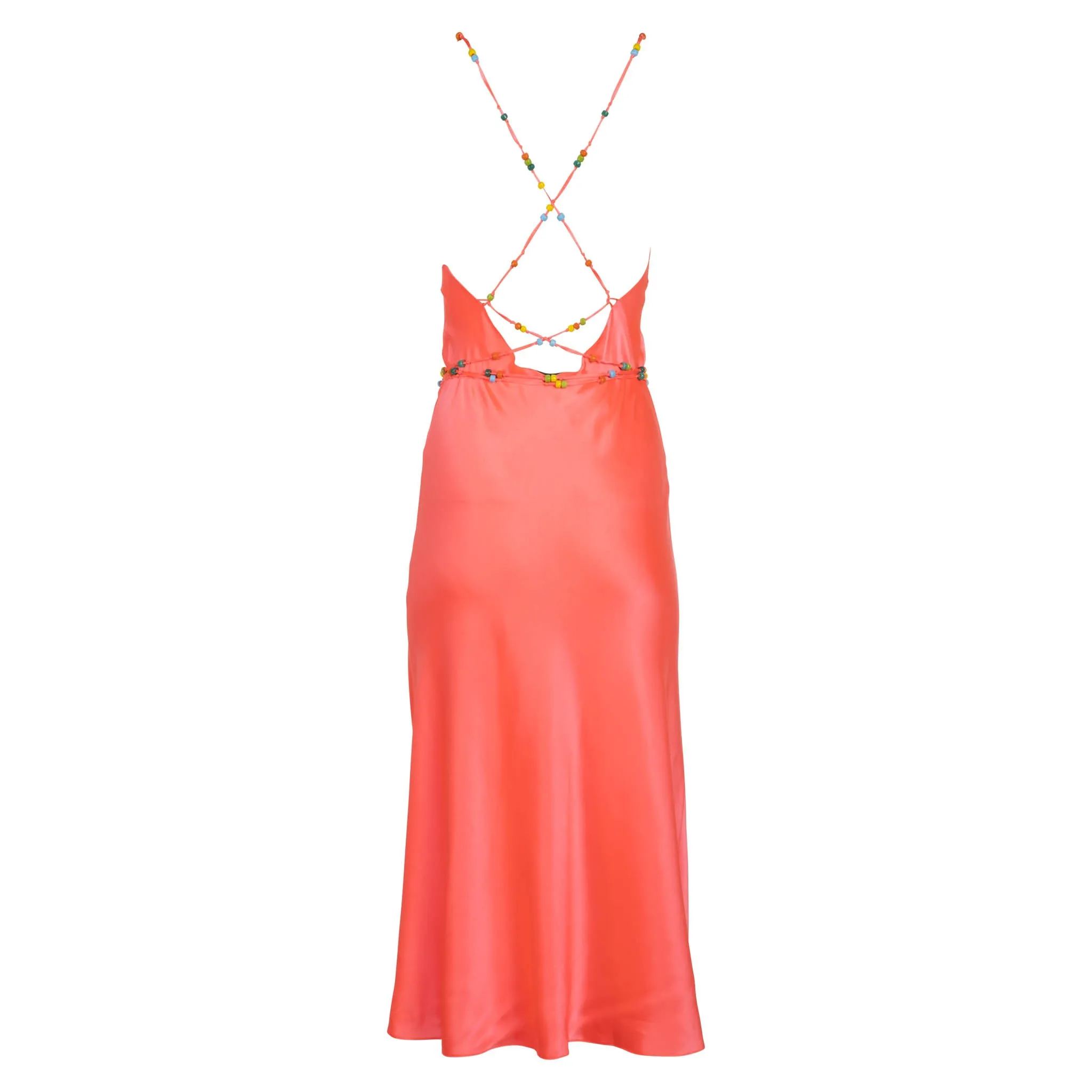 Neon Coral Beaded Strap Midi Slip Dress