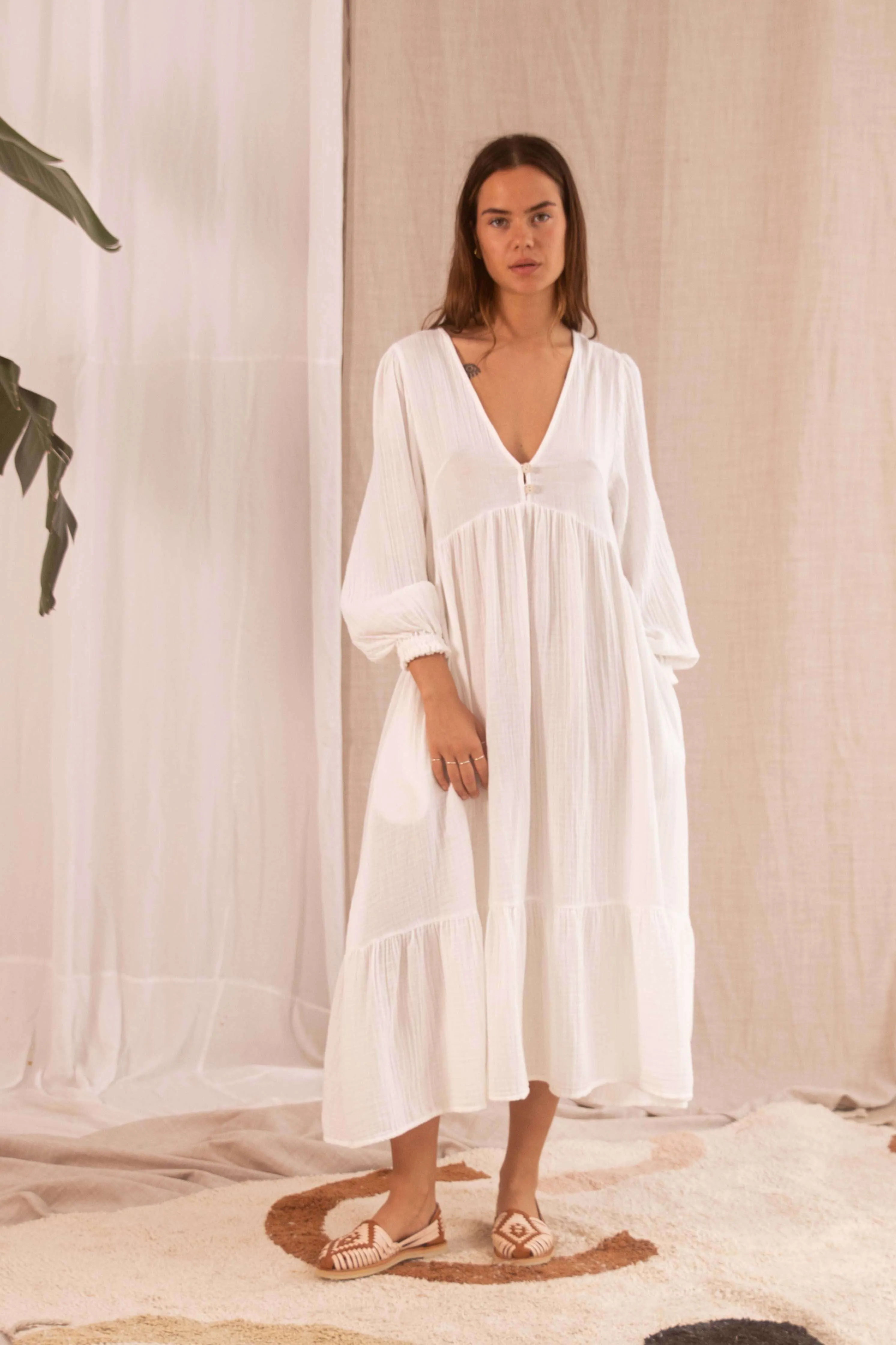 OFF-WHITE MUSLIN MIDI DRESS