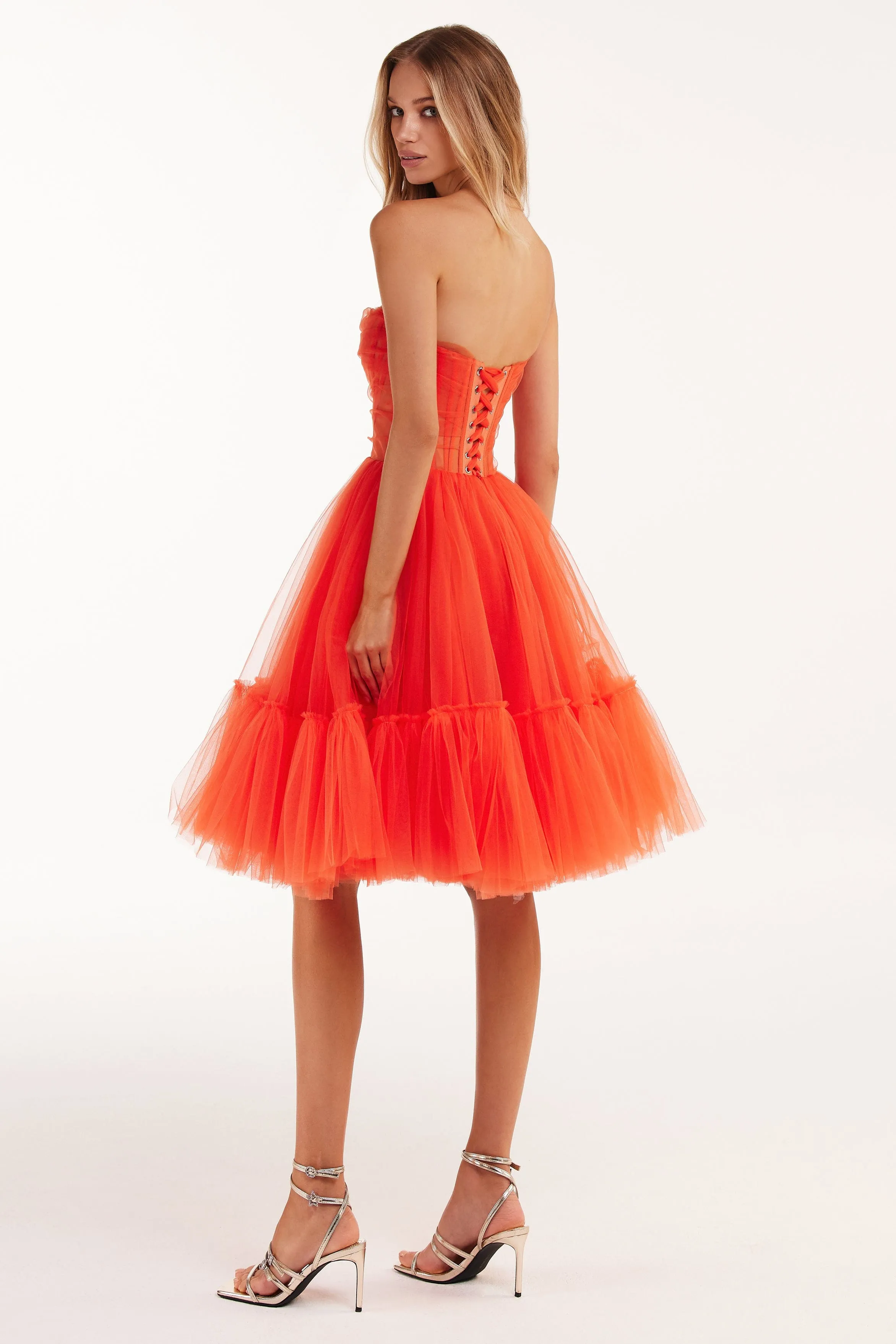 Passion Strapless Tulle mini dress in red coral color