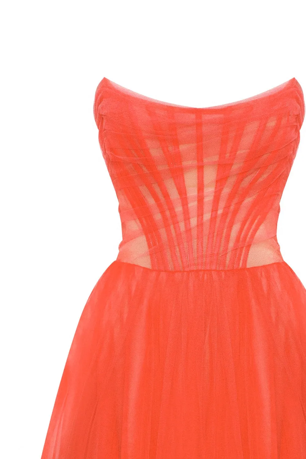 Passion Strapless Tulle mini dress in red coral color