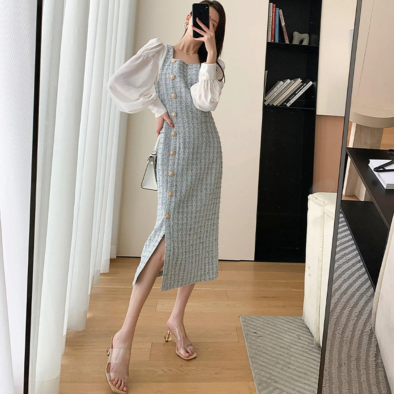 Patchwork Puff Sleeve Single Breasted Tweed Midi Dress