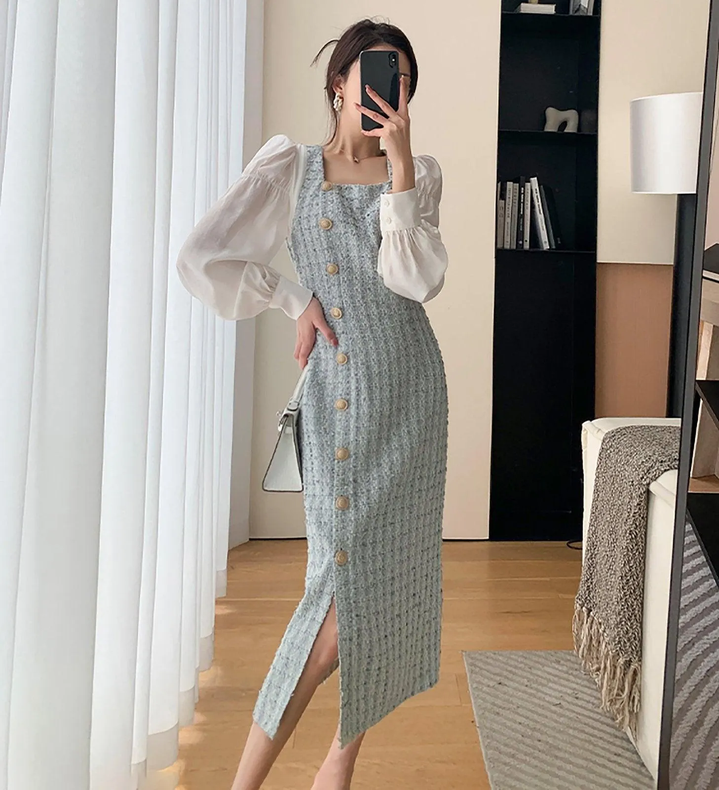 Patchwork Puff Sleeve Single Breasted Tweed Midi Dress