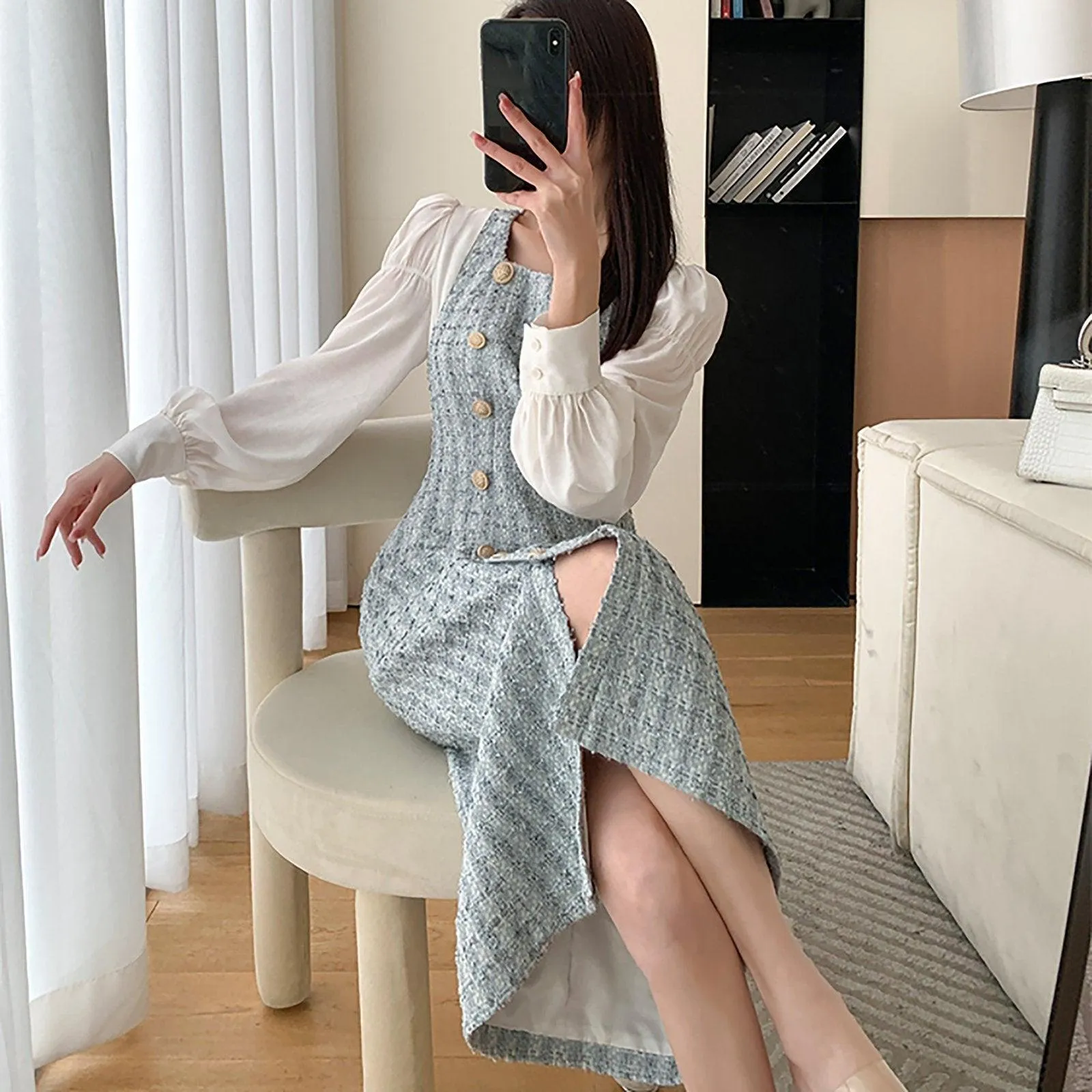 Patchwork Puff Sleeve Single Breasted Tweed Midi Dress