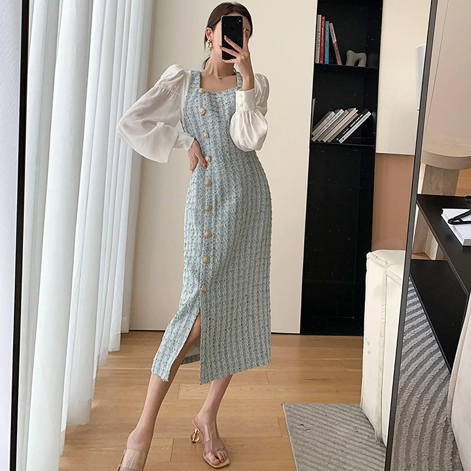 Patchwork Puff Sleeve Single Breasted Tweed Midi Dress