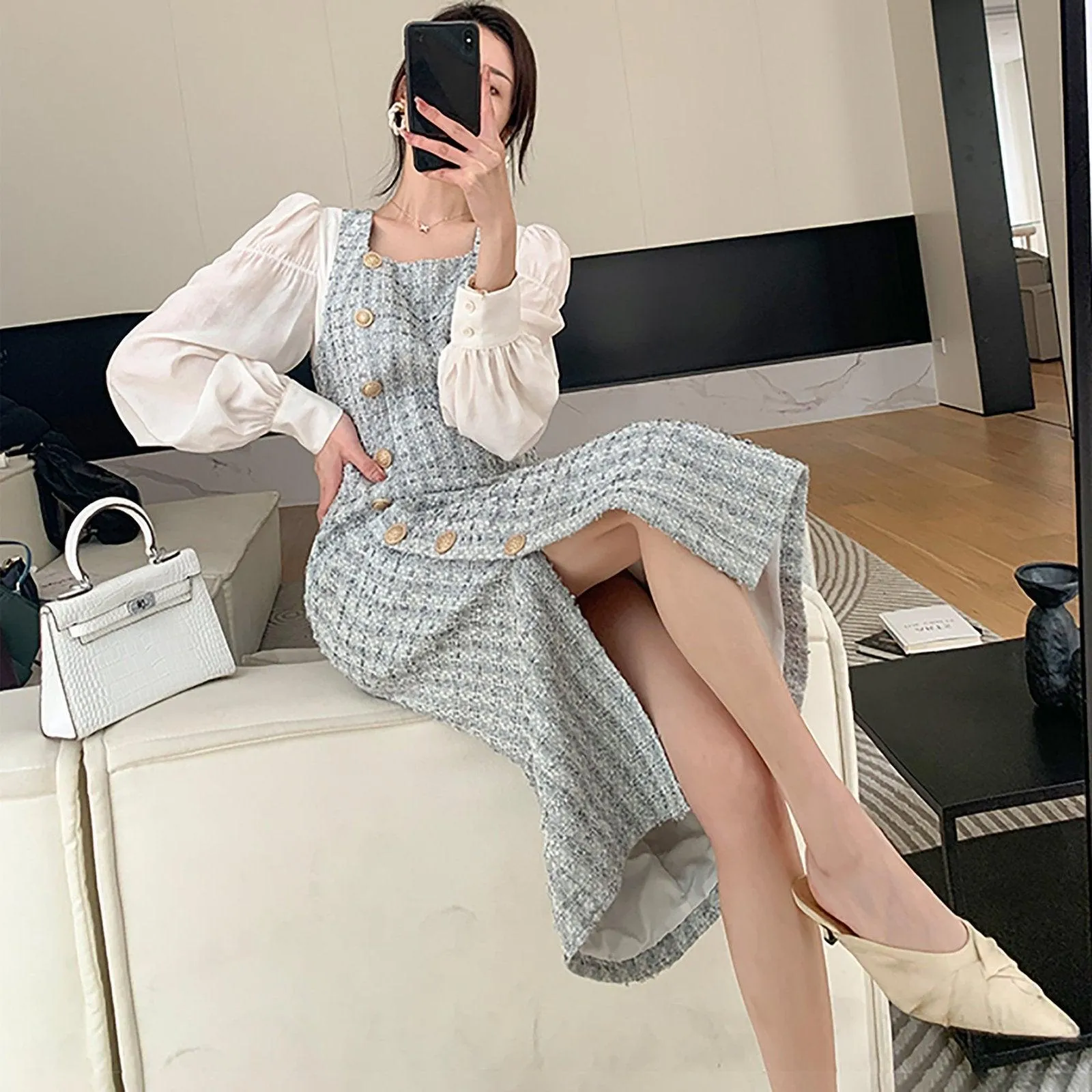 Patchwork Puff Sleeve Single Breasted Tweed Midi Dress